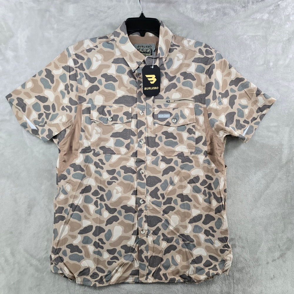BURLEBO Performance Outdoor Shirt Mens Size Medium Camo Short Sleeve Button Up